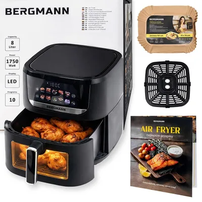 Zdjęcie produktu dla Frytkownica na gorące powietrze beztłuszczowa Airfryer BERGMANN YI dziesięć programów panel LED pojemność 8l moc 1750W książka z przepisami