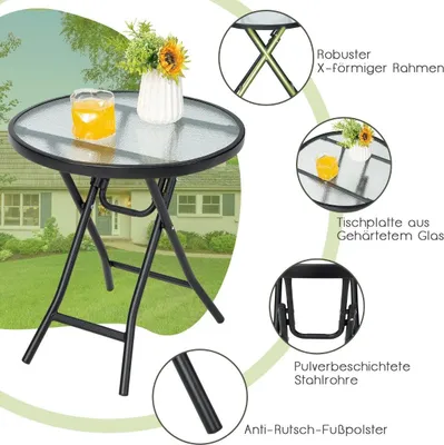 Produktbild von Terrassen-Esstisch Runder Glastisch mit Tischplatte aus Gehärtetem Glas 46,5 x 46,5 x 47,5 cm Schwarz