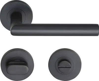A set of black door handles and related hardware components are displayed against a white background.