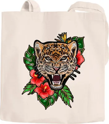Produktbild von Jutebeutel Tiger Patch Tropical Palmblätter Sommer Stick-Optik Baumwolltasche Stoffbeutel Autiga® natur unisize