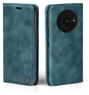 A teal flip-style phone case for a Xiaomi Redmi A3 is shown from two angles, open and closed.