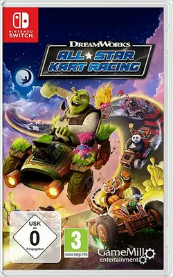 The image is a video game box art for Dreamworks All-Star Kart Racing on Nintendo Switch. It features characters from Dreamworks animated movies racing in karts.
