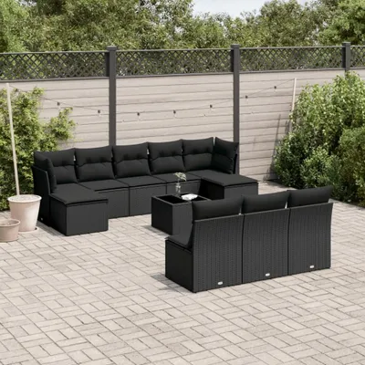 Produktbild von Design 11-tlg. Garten-Sofagarnitur mit Kissen Schwarz Poly Rattan, Gartenmöbel-Sets 2024 Neu