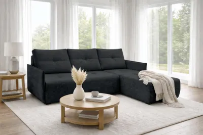 Produktbild von AX LIVING Ecksofa Damascus Schwarz mit Schlaffunktion Bettkasten Schlafsofa 212 cm rechts