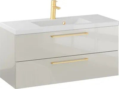 Produktbild von FURNI Waschtischunterschrank RON 100 cm - Kaschmir - Hängender Badschrank mit Mineralguss - Waschbecken - Griffe Gold gebürstet - Vormontiert