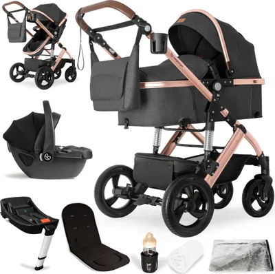 A collage of a baby stroller system and its components, including a bassinet, car seat, and accessories.