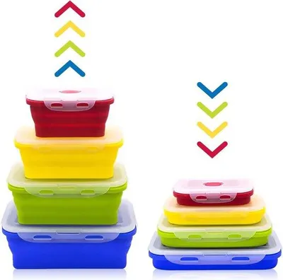 Image de Set de cuisine et de camping en silicone, pliable, 4 pièces, avec couvercle