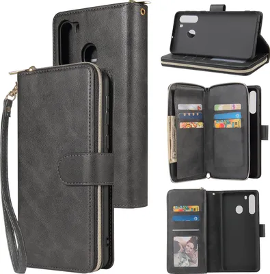 Produktbild von Für Samsung A01/A21/A31/A41/A51 Kunstleder Handyhülle Reißverschluss Tasche + Handschlaufe schwarz