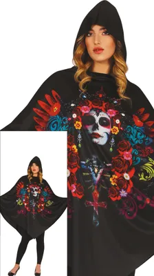 Produktbild von Tag Der Toten Poncho Hoodie Buntes Design Halloween Kostüm Blumenkranz Motiv Kapuze Festival Stimmung Bekleidung Event, Größe: 42 - 44 (L) Farbe: Schwarz