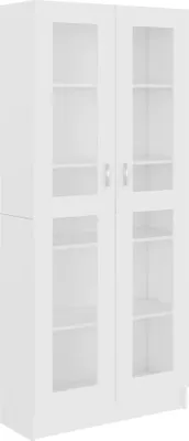 A white glass-door cabinet with shelves.