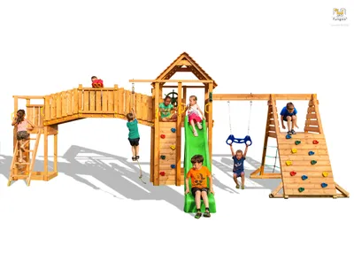Produktbild von Fungoo Spielturm "Maxi Set Fortress TipTop Rainbow Spider+" teak mit Rutsche, Holzdach, Griffe, Leiter, Kletterturm, Brücke, Trapez und Kletterseil