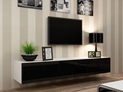 Zdjęcie produktu dla Cama Szafka RTV VIGO '180' 30/180/40 biały/czarny połysk, Biały, Płyta wiórowa, Biały, Płyta wiórowa, Laminat, Matowy