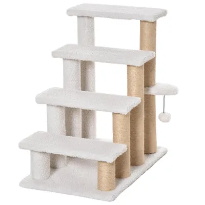 Produktbild von Katzentreppe 4-stufige Haustiertreppe mit Kratzsäulen Ball Hundetreppe Tiertreppe für Katzen bis 5 kg Plüsch Jute Weiß 60 x 40 x 64 cm