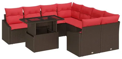 Image de Ensemble de canapés de jardin vidaXL, 9 pièces, en polyrotin, couleur marron et rouge