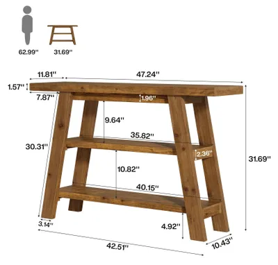 Obrázek produktu pro Konzolový stolek z masivního dřeva – úzký stolek do chodby nebo k pohovce – 3 úrovně úložného prostoru – 120 cm – rustikální styl v antikovaném provedení – barva čokoládově hnědá