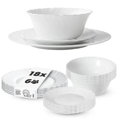 Produktbild von KADAX Geschirrservice 18-teilig, Geschirrset für 6 Personen, Tafelservice mit Müslischale, Dessertteller & Speiseteller, Tellerset aus Opalglas, Geschirr Set (Weiß)
