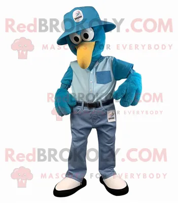 Produktbild von Cyan-Flamingo REDBROKOLY Maskottchen kostüm gekleidet in Bootcut jeans und Mützen