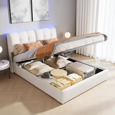 Produktbild von UnboxG Polsterbett 160×200 cm in Beige – Stauraumbett mit Gasdruckfeder und LED-Ambientebeleuchtung