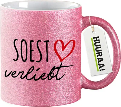 Produktbild von Huuraa Glitzertasse Soest verliebt 330ml Pink Keramik Kaffeebecher Geschenkidee