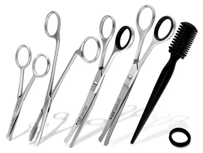 Produktbild von 5-teiliges Hunde Pflege-Set aus rostfreiem Edelstahl mit Fellscheren, Pfotenschere und Haarausdünner