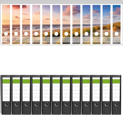 Produktbild von Wallario 12 Stück breite Ordner inkl. Klebeetiketten mit Motive Abendspaziergang am Strand - Sonnenuntergang über dem Meer -  Set mit Rückenschildern / Ordnerrücken Stickern