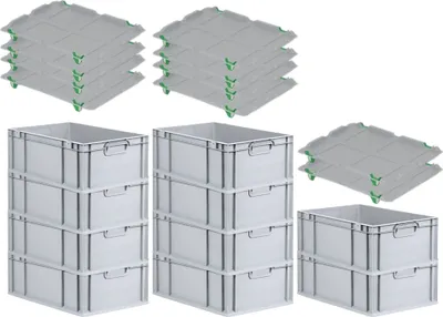 Produktbild von SparSet 10x Eurobox NextGen Economy mit Auflagedeckel und 4x Schiebeschnappverschlüsse Grün | Griffe geschlossen | HxBxT 22x40x60cm | 44 Liter | Eurobehälter, Transportbox, Transportbehälter, Stapelbehälter