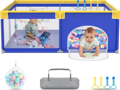Image de Parc pour bébé NAIZY 150x180cmParc pour bébé avec 50 balles Ocean & 4 anneaux de traction & sac de transport, Tente de parc pliable avec filet respirant pour enfants, bleu avec motifs d'animaux