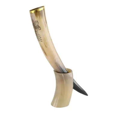 Produktbild von Wikinger Trinkhorn Gold mit Ständer - Mit Trinkhornständer - Mittelalter Deko - Wikinger Deko - Nordisches Trinkhorn - Geschenk