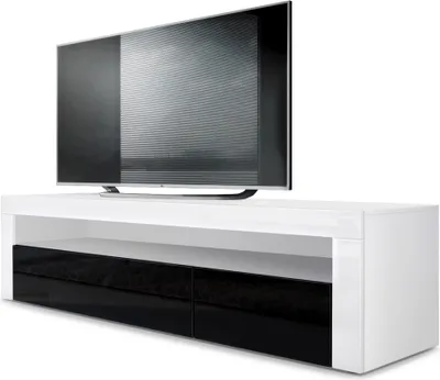 Produktbild von Vladon Lowboard Valencia, Germany, TV-Kommode mit 1 offenem Fach und 2 Klappen, Weiß matt/Schwarz Hochglanz/Weiß Hochglanz (155 x 46 x 40 cm)