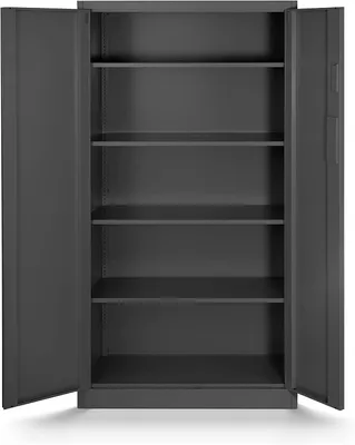 An empty, open metal cabinet with shelves.
