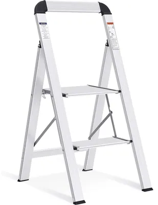 Produktbild von Trittleiter Aluminium 2 Stufen klappbar mit Handlauf rutschfest belastbar 150 kg Silber