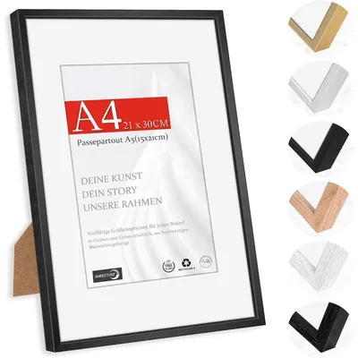 Image de Cadre photo format DIN A4 (21x29,7 cm), aluminium brossé noir, avec passe-partout de 15x21 cm. Peut être fixé au mur ou posé sur une table. Vendu à l'unité