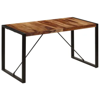A product shot of a wooden dining table with black metal legs against a white background.