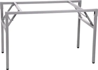 A metal table frame with folding legs against a white background.