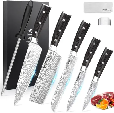 5-tlg. Küchenmesserset mit Kochmesser, Brotmesser, Nakiri-Messer u. Schälmesser
