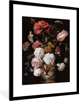 Produktbild von MuchoWow® Gerahmtes Poster Katze - Blumen - Flora 60x80 cm - Poster mit Schwarzem Bilderrahmen Wandposter Rahmen Foto Bilder - Wohnzimmer - Dekorationen - Prämie