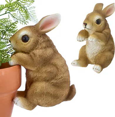 Produktbild von Kletterhase Polyresin 11x16x8,5cm hellbraun weiß Hase Dekohase für Blumentopfdeko Gartenfigur Topfhänger Osterdekoration