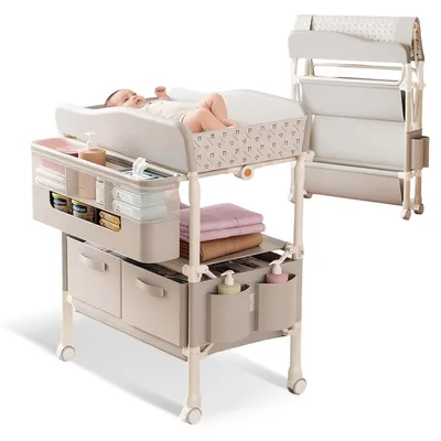 Produktbild von Wickeltisch  Klappbarer 5-fach Höhenverstellbare Wickeltisch Wickelkommode  mit Schubladen Rollen, Stauraum, bis 65kg Für Babys & Kleinkinder