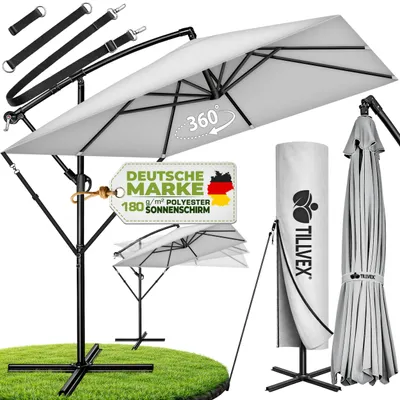 Produktbild von tillvex® Alu Sonnenschirm Rechteckig Ø 330 cm Grau + Abdeckung mit Kurbel | Ampelschirm Eckig mit Ständer & Windschutz | Gartenschirm UV-Schutz Aluminium | Kurbelschirm Marktschirm wasserdicht 360° drehbar