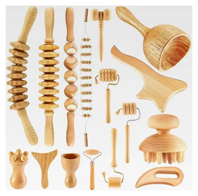 Produktbild von 16-teiliges Holz Maderotherapie Set, Professionelles Massage Set mit Holz-Faszienrolle, Massageroller für Beine und Rücken, Gua Sha für Körperentspannung, Therapie-Tools zur Körperformung, Anti-Cellulite, Stressabbau