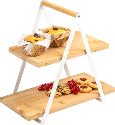 Obrázek produktu pro eluno etáž se 2 policemi z bambusu a kovovým rámem v matně bílé barvě - ideální pro servírování ovoce, koláčů, muffinů, koblih a finger food - servírovací tác, stojan na tác a prkénko na sýr v jednom
