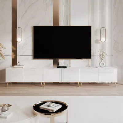 Produktbild von Idohome TV-Lowboard Angel 300 cm Weiß Hochglanz–TV-Schrank, LED-Beleuchtung, Medienmöbel, Fernsehschrank auf goldfarbenen Metallbeinen, Griffe in Gold