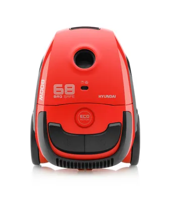 A red and black Hyundai vacuum cleaner is shown from the front on a white background.