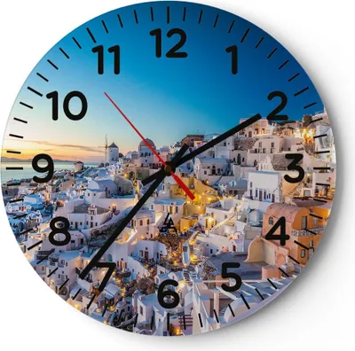 Produktbild von Wanduhr - Rund - Glasuhr - Griechenland Insel Sommer - 40x40cm - Schleichendes Uhrwerk - Lautlos - zum Aufhängen bereit - Dekoration Modern - Wanddekoration aus Glas - C4AR40x40-4062