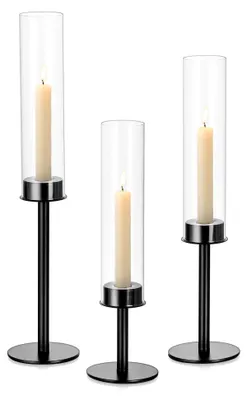 Produktbild von Kerzenständer aus Glas für Stabkerzen Schwarz: 3er Set für moderne Tischdekoration