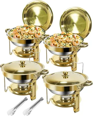 Produktbild von Rund Chafing Dish Buffet Set 5L[Robust und hochwertig],4pcs Edelstahl Warmhaltebehälter [Elegante Gold und Silberfarben] Speisenwärmer für Catering Buffet und Party(Rollrand-Design)