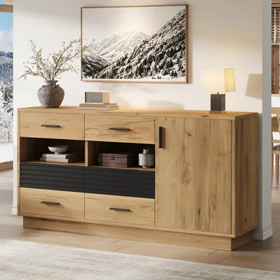 Imagen del producto de Mueble aparador de 140x35x70 cm, fabricado en MDF, con 6 cajones, 1 puerta y 12 espacios de almacenamiento (color roble)
