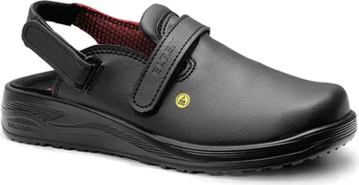 A black Elten clogs shoe with a strap and a red and black checkered lining is shown against a white background.
