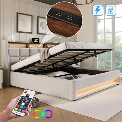 Image de Lit pour enfant avec éclairage LED et port USB, revêtement en tissu imitation lin, sommier à lattes en métal, lit double, sans matelas, dimensions 180x200 cm.