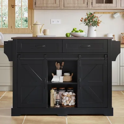 Produktbild von Kücheninsel mit ausklappbarer Arbeitsfläche, rollbarer Küchenwagen, 120×45(70)×91cm, Schwarz, mit 2 Schiebetüren und 2 Schubladen, Küchen-Aufbewahrungsschrank im Scheunenstil
